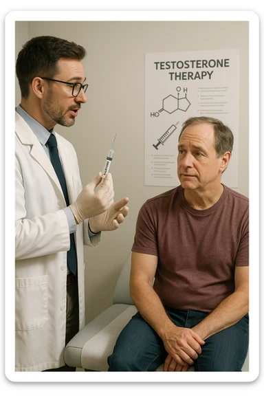 a doctor in a white coat prepares a syringe labeled “Testosterone” while a middle-aged man sits calmly on the examination table, sleeve rolled up and looking slightly apprehensive but trusting. The doctor explains the procedure, and a medical chart about testosterone therapy is visible in the background. The mood is professional and reassuring. sticker