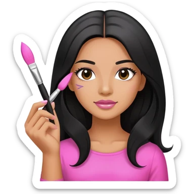 Pink Nail Tech with black long hair holding small acrylic brush sticker