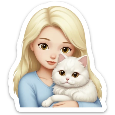 Blonde girl snuggling white Persian cat sticker