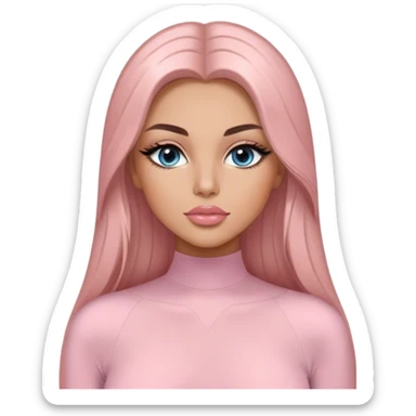 Glamours, tanned, very beautiful girl, with big pump peach-beige-rose lips, long long lashes, black straight smooth silky long hair, straight parting hair, blue-grey eyes in light pink long-sleeves bodysuit sticker