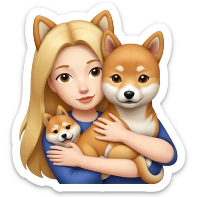 A white woman hugs a Shiba Lnu dog sticker