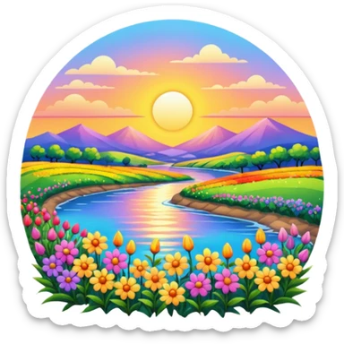 sunrise landscape with flowers sticker