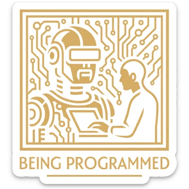 art deco logo of a robot being programmed, stylized circuitry, gold and black, streamlined forms, bold outlines sticker