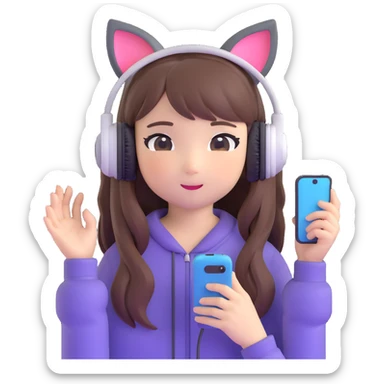Adorable Japanese girl with long hair, cute cat ear headphones and holding smartphone sticker