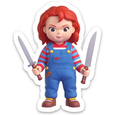 Chucky the doll 3D toy style, red hair, striped shirt, overalls, holding a knife sticker
