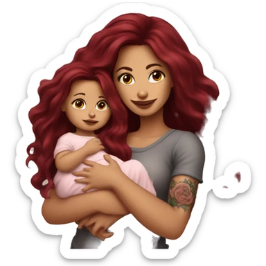Beautiful tattooed burgundy long haired woman holding a baby sticker