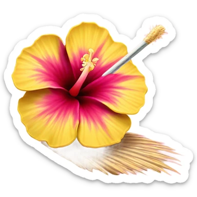 Hibiscus that is yellow on outside and fades to pink then maroon in the centre, in a coconut with a straw sticker