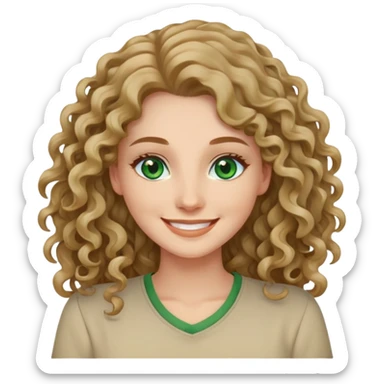 Woman smiling with green eyes and wearing beige shirt and long curly hair sticker