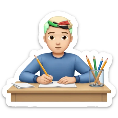 male student at a desk with pencil and paper sticker