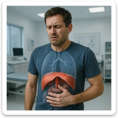 adult man with diaphragm blocked due to stress, hyper realistic style, expression of discomfort or difficulty breathing, anatomical details, hand on chest or abdomen, clinical atmosphere, modern medical environment sticker