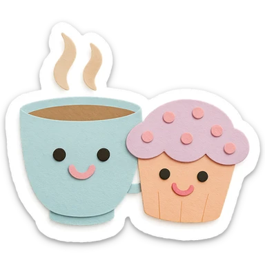 coffee cup with muffin character, smiling faces, soft pastel colors, transparent background sticker