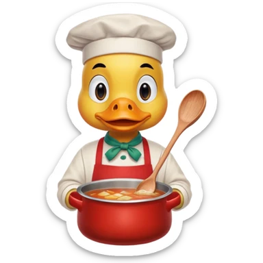 A duck wearing red apron stirring soup in a small pot, looking very focused. sticker