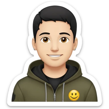 man with smiley face, black hair military cut, brown eyes, wearing 2 circle earrings and a black hoodie sticker