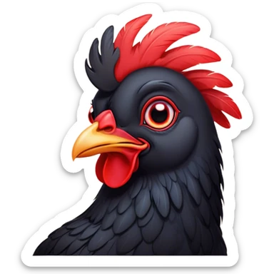 Cinematic Cute Black Chicken Portrait Emoji, Head tilted playfully and inquisitively, featuring sleek, lustrous black feathers and a vibrant red comb, round, sparkling beady eyes filled with curiosity, Simplified yet irresistibly adorable features, highly detailed, glowing with a warm, friendly glow, high shine, affectionate and lively, stylized with a touch of whimsical charm, bright and endearing, soft glowing outline, capturing the essence of a mischievous yet loving chicken, so playful it feels like it could peck out of the screen and into your arms! sticker