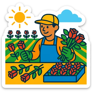 rose farm emoji with a worker grading and bunching roses, vibrant toon style sticker
