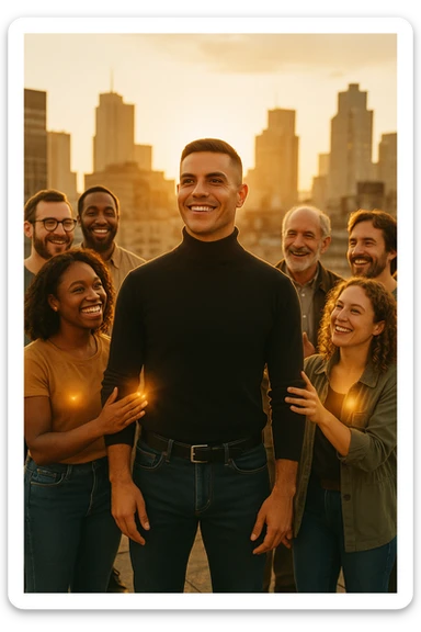 A cinematic scene of a man in his early 30s standing at the center of a sunlit urban rooftop during golden hour, surrounded by a diverse group of supportive, smiling people — friends, mentors, colleagues. They’re standing slightly behind or beside him, hands on his shoulder or gesturing toward him with encouragement. The man looks forward with a confident, inspired expression, body slightly relaxed, as if something inside di lui sta cambiando. The light behind the group forms a halo effect, emphasizing warmth and unity. Subtle visual symbolism: faint glow around their hands and hearts, suggesting their energy is uplifting him. Realistic clothing, modern style — jeans, T-shirts, casual jackets. The mood is inspiring, grounded, and full of potential. Shot in 35mm film style, with rich warm tones, shallow depth of field, and vibrant human detail. sticker