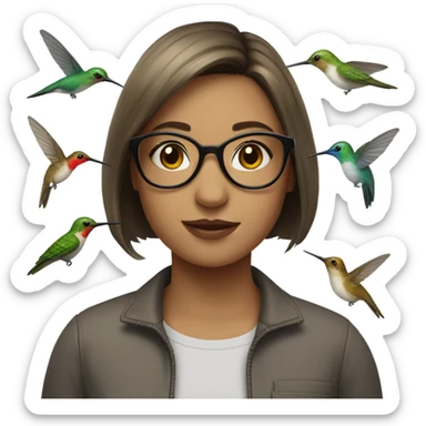 Girl pale , brunette, with short hair, wearing glasses with a hummingbird next to her sticker