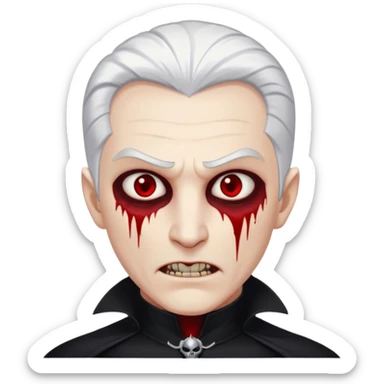 Creat a young man Vampire with white skin and white hair "make him have slide back hair" and full black vampire clothes and bloody eyes and long fangs and scary dead sleepy eyes and silver logo on his neck sticker