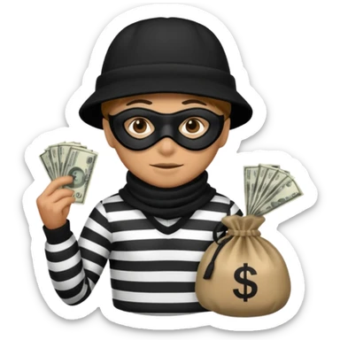 A emoji of a person wearing a black and white robber outfit and a black winter hat and a black mask and a Money Bag sticker
