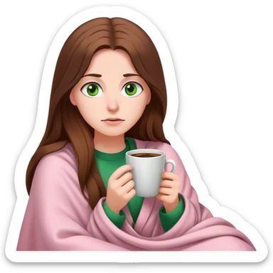 woman with very long brown hair and green eyes in a light pink blanket tired with coffee sticker