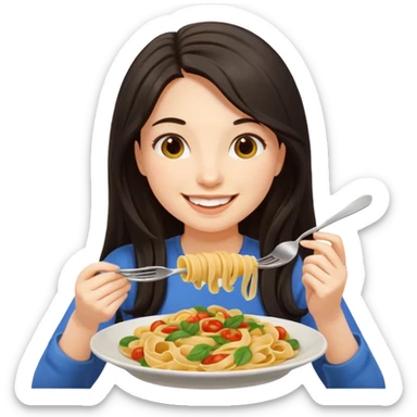 chica joven con piel clara y pelo oscuro largo comiendo un plato de pasta que parezca un emoji de iphone (sistema ios) sticker