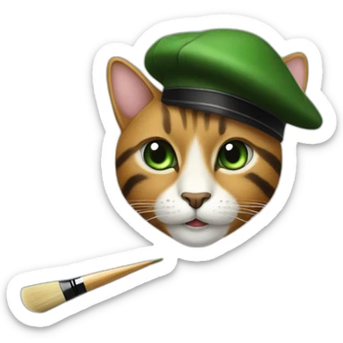 Brown cat with black stripes and white mustache and the contour of the white mouth and green eyes with a brush pencil and a black beret sticker
