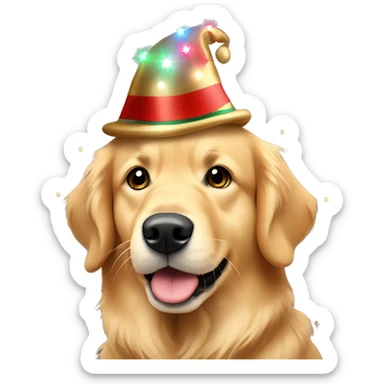 Golden retriever with Christmas lights and hat sticker
