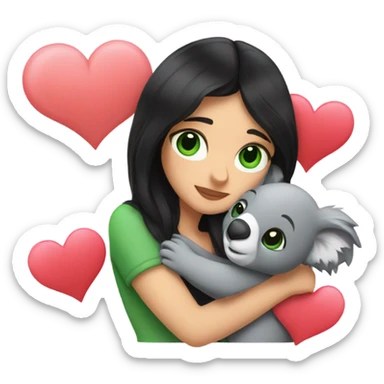 black hair with green eyes women holding and hugging a koala with hearts around them  sticker