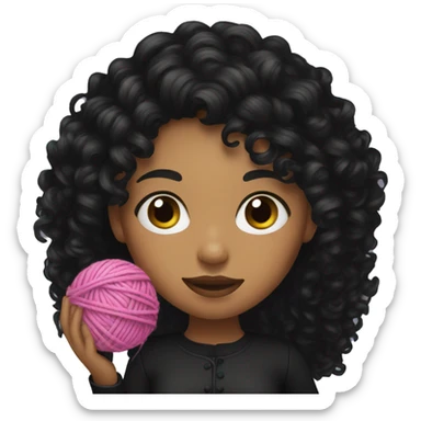 woman with long black curly hair holding one ball of yarn wearing black clothes sticker