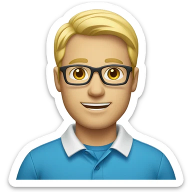 male teacher with blond hair, glasses and a blue polo shirt sticker