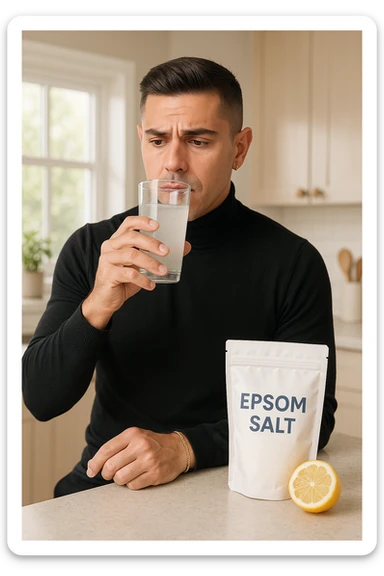 A realistic, bright photo-style image of a young man in his 30s standing in his kitchen, holding a clear glass filled with water in which Epsom salt (magnesium sulfate) has been dissolved. He looks focused but slightly uncertain as he prepares to drink it for a liver flush or digestive cleanse. The glass shows slight cloudiness from the dissolved salt. On the counter are a packet labeled 'Epsom Salt' and a sliced lemon, suggesting he might use it to mask the taste. The setting is clean, natural, and bright with neutral tones. The background shows sunlight streaming through a window, emphasizing a clean, minimalist health-focused environment. The mood conveys a realistic, calm moment of self-care with a hint of discomfort, illustrating a natural detox practice sticker