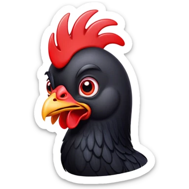 Cinematic Comical Black Chicken Portrait Emoji, Head tilted dramatically with an exaggeratedly amused expression, featuring a sleek, glossy black plumage with a bold red comb, wide, expressive beady eyes filled with playful disbelief, Simplified yet hilariously expressive features, highly detailed, glowing with a slightly sassy glow, high shine, dramatic yet playful, stylized with an air of cheeky mischief, bright and endearing, soft glowing outline, capturing the essence of a spirited and over-the-top chicken, so meme-worthy it feels like it could cluck its way into internet fame instantly! sticker