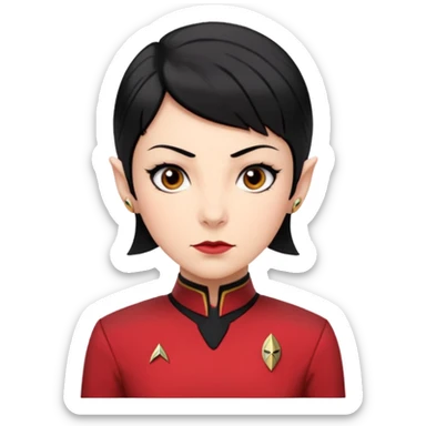 female Vulcan with short black hair and small pointy ears in Starfleet red uniform (Star Trek) no green face sticker