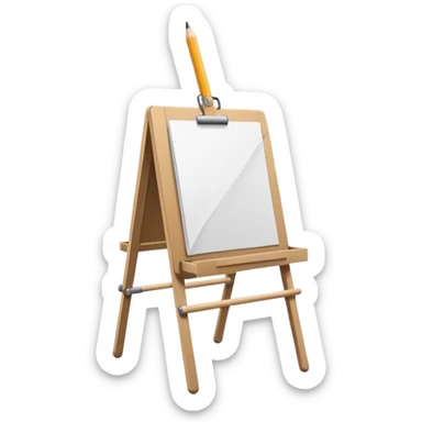 Minimalistic flat vector icon, iOS style, thin black contour on white background. Easel with a paper sheet and a pencil leaning against it. No text, no shadows sticker