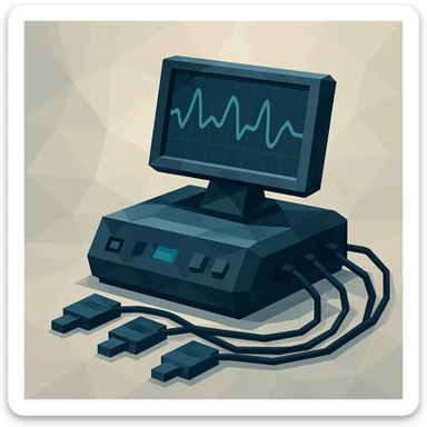 a modern polygraph machine, sleek and high-tech, with digital screens and sensors, in a contemporary polygonal illustration style sticker