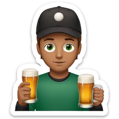 Man with brown hair, green eyes, a baseball cap, black sweatshirt, and a beer sticker