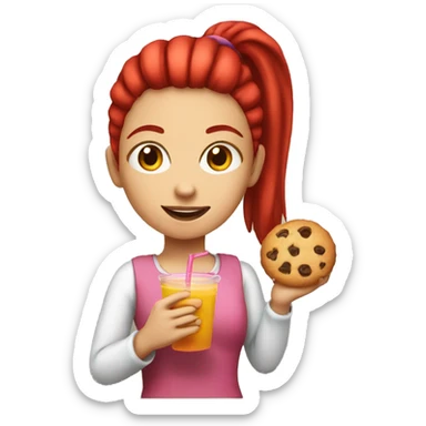 Girl with a red ponytail holding a cookie and juice sticker
