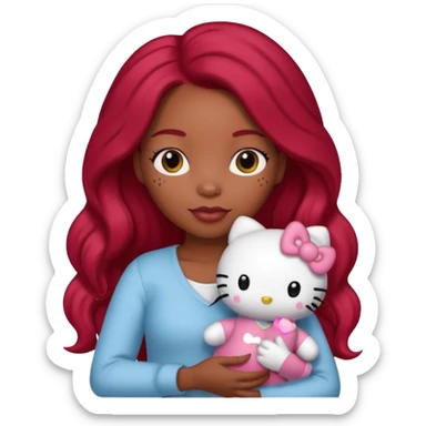 black woman with long brown and red hair, holding a hello kitty plushie  sticker