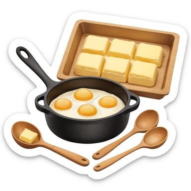 A carton of eggs, butter and a cream ceramic baking bowl with a wooden spoon in it sticker