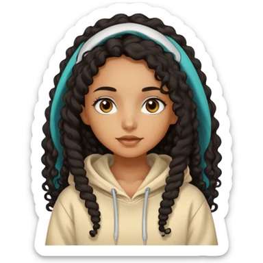 Tan skin girl with black very long curly hair, brown eyes, vanilla colored hoodie sticker
