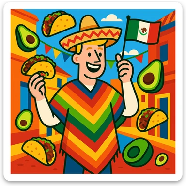 festive Cinco de Mayo cartoon of a tall white American with blonde hair, smiling, wearing a colorful poncho, holding a taco and an avocado, waving a Mexico flag, surrounded by tacos and avocados, on a lively street background, bright and bold colors sticker