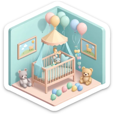 isometric baby room, Nursery with pastel walls and hanging mobile sticker