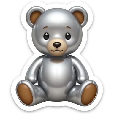 A cute teddy bear emoji made of liquid silver chrome, smooth rounded body, glossy metallic surface, soft reflections, friendly proportions, iOS emoji style, centered, clean white background sticker