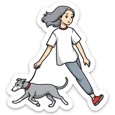 Japanese girl with flowing hair walking a solid grey greyhound with no white markings sticker