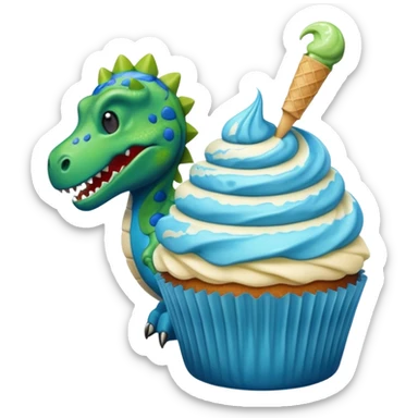 A cupcake having blue and black icing and a dinosaur as a decoration and ice cream next to it sticker