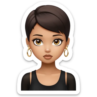 generate a pretty bratz girl in black cami top, dark brown straight short hair, eyeliner on. dark brown eyes. Wearing a white sleeveless turtleneck, gold stud earrings sticker