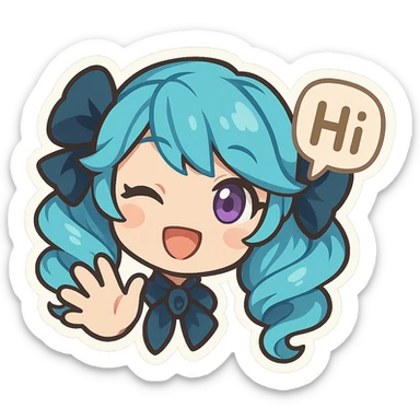 Gwen from League of Legends, hi emote, chibi style, only head, right eye purple, waving hand, sample 2 sticker