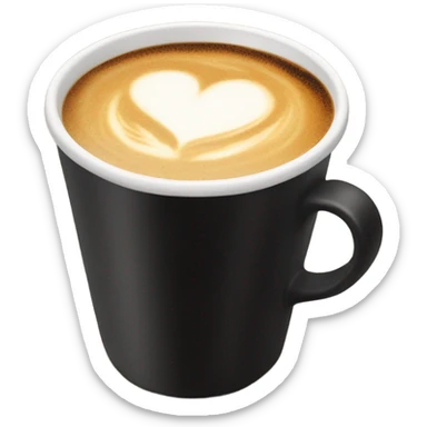 Coffee in a black cup with heart latte art sticker