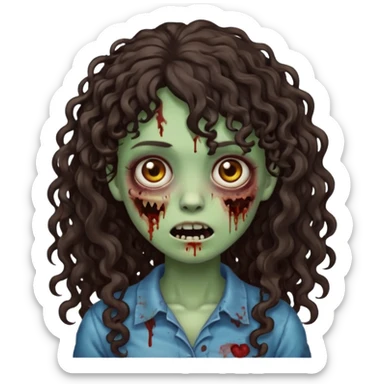 Emoji garota zombie com cabelo castanho escuro cacheado longo com franja cacheada sticker