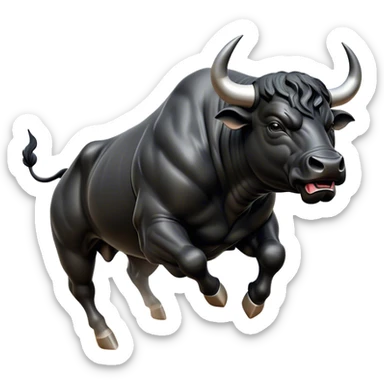 ​Cinematic Realistic Black Charging Bull, depicted in mid-charge with a powerful, muscular form and glossy black hide glistening under dynamic dramatic lighting, dust and motion captured mid-air to exude raw strength and unbridled energy on an expansive arena, sticker